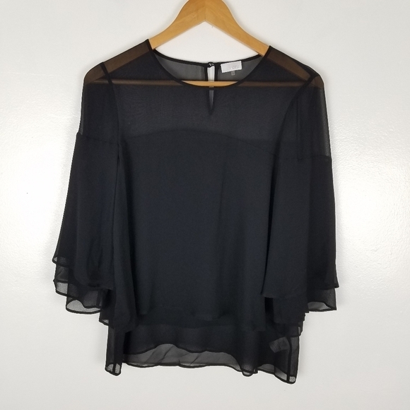 ECRU 100% Silk Chiffon Black Ruffle Layered Blouse XS - Picture 1 of 11